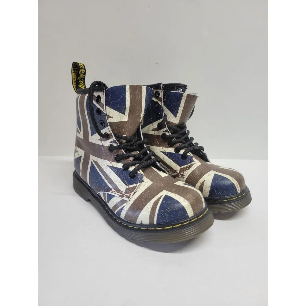 Dr. Martens Delaney Kids Union Jack Flag Boots‎ Brown Blue AW004 US 11 UK 10